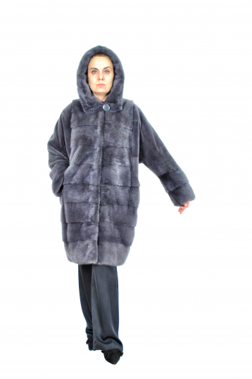 Графитовая норковая шуба Летучая мышь с капюшоном